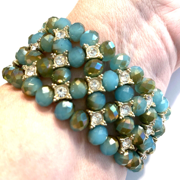 Beaded Stretch Bracelet Thick Aqua Blue Green Faceted beads & white rhinestones - Picture 7 of 7